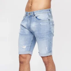 Sale Crosshatch Herre Riptrey Denim Shorts med ridsede detaljer Lyseblå