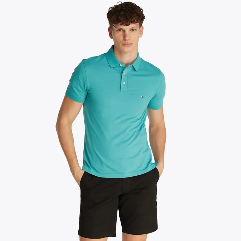Outlet Tommy Hilfiger Herre Slim Polo Hazy Teal Grønblå