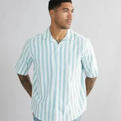New ONLY & SONS Herre Tes Relax Bomuld Slub Stribet Kortærmet Skjorte Seaspray Stribet