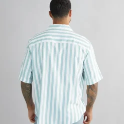 New ONLY & SONS Herre Tes Relax Bomuld Slub Stribet Kortærmet Skjorte Seaspray Stribet