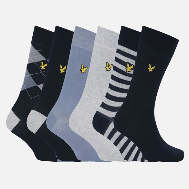 Sale Lyle And Scott Vintage Herre Timothy Seks Pak Strømper Med Gaveæske Peacoat/Tempest/Argyle/Stripe/Light Grey Marl/Peacoat