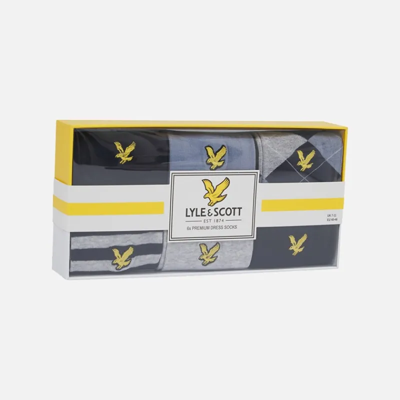 Sale Lyle And Scott Vintage Herre Timothy Seks Pak Strømper Med Gaveæske Peacoat/Tempest/Argyle/Stripe/Light Grey Marl/Peacoat