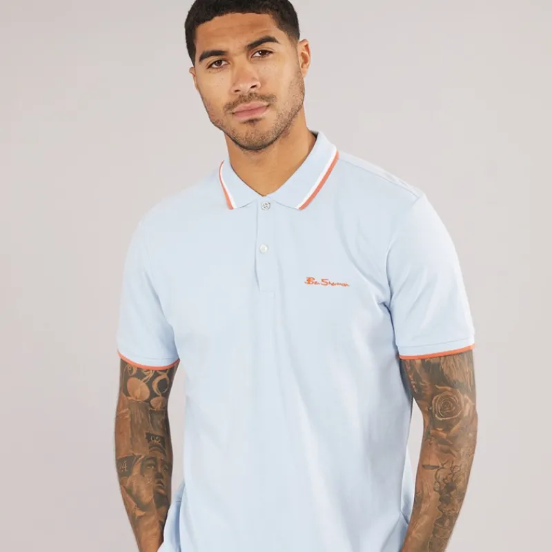 Hot Ben Sherman Herre tværstribet polo skjorte Pale Blue Bleg Blå
