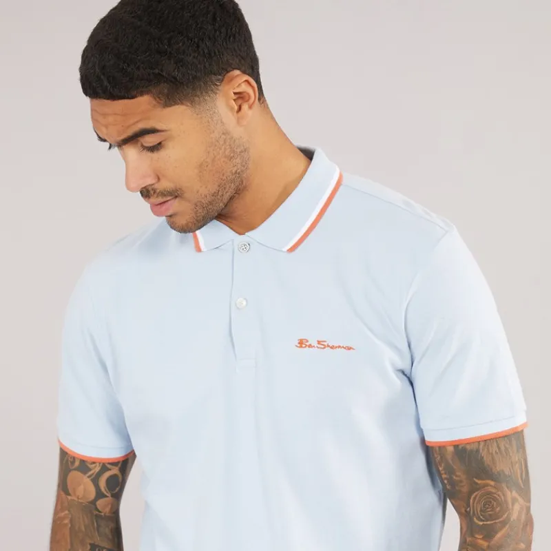 Hot Ben Sherman Herre tværstribet polo skjorte Pale Blue Bleg Blå