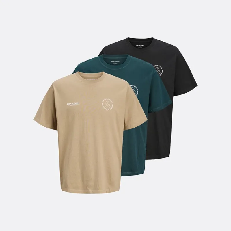 JACK & JONES Herre Vesterbro Sport Tre Pak Afslappet Pasform T-shirts Insignia Blå / Sølv Salvie / Magisk Skov