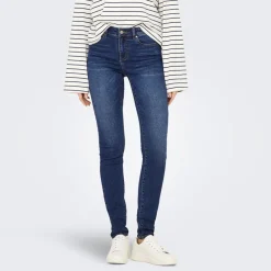 New Only Jeans til kvinder Rina Mid Rise Push Up Mørkeblå Falmet Mellemblå