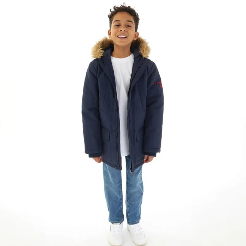 Sale U.S. POLO ASSN. Klassisk Parka Frakke til Drenge med Pels Kant Blå