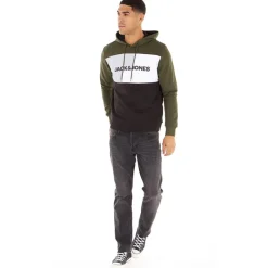 New JACK & JONES Mænd Logo Blocking Hoodie Skov Nat kakigrøn