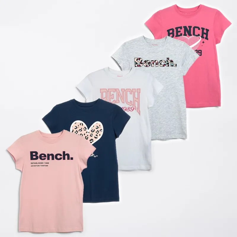 Clearance Bench Piger Juvie Fem Pak T shirts Lys Pink/Navy/Hvid/Lys Pink/Grå Melange Light Pink,Navy,White,Bright Pink, Grey Marl