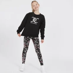 Sale Juicy Couture Piger Oversized Crew Sweatshirt og Abstrakt Leggings Tracksuit Sæt Sort