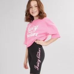 Outlet Juicy Couture Piger T-shirt med Script Print og Cykelshorts Sæt Sort
