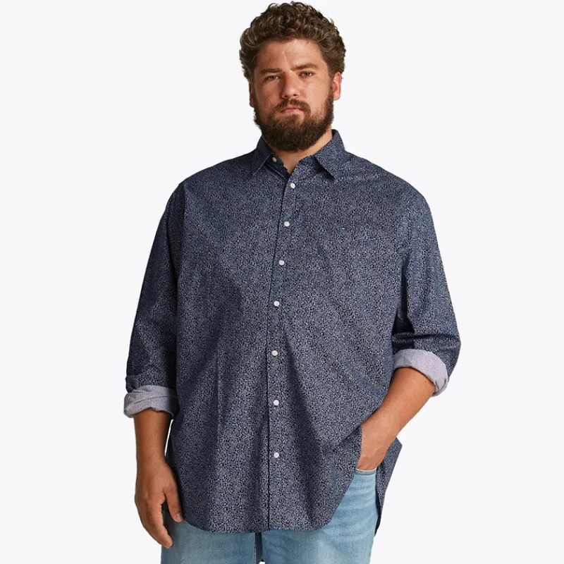 Online Tommy Hilfiger Store størrelser Herre Poplin Langærmet Skjorte Night Sky / Ivory Petal Prt
